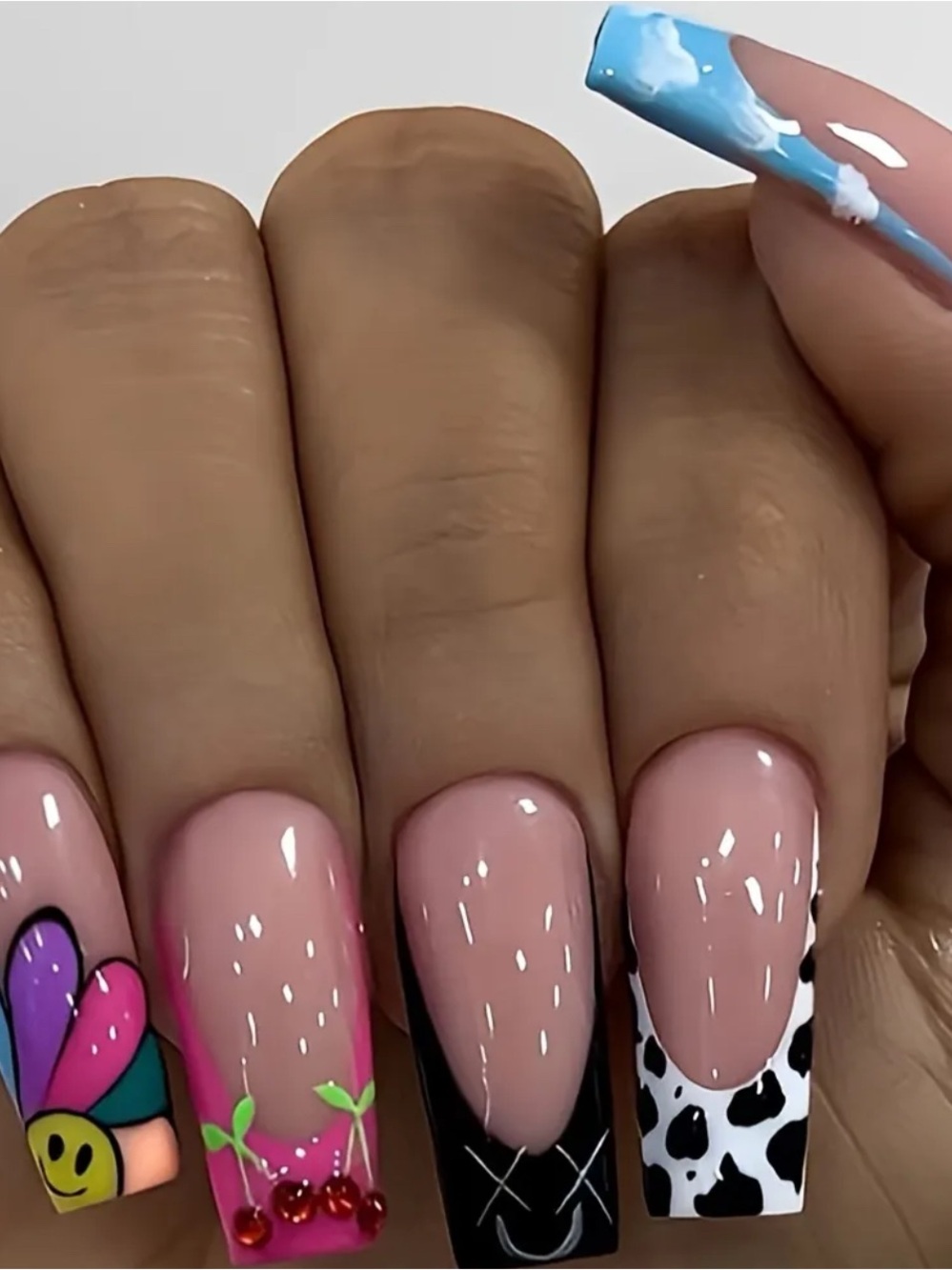 Playful Mixed-Design Press On Nails with Smiley Flower & Cow Print